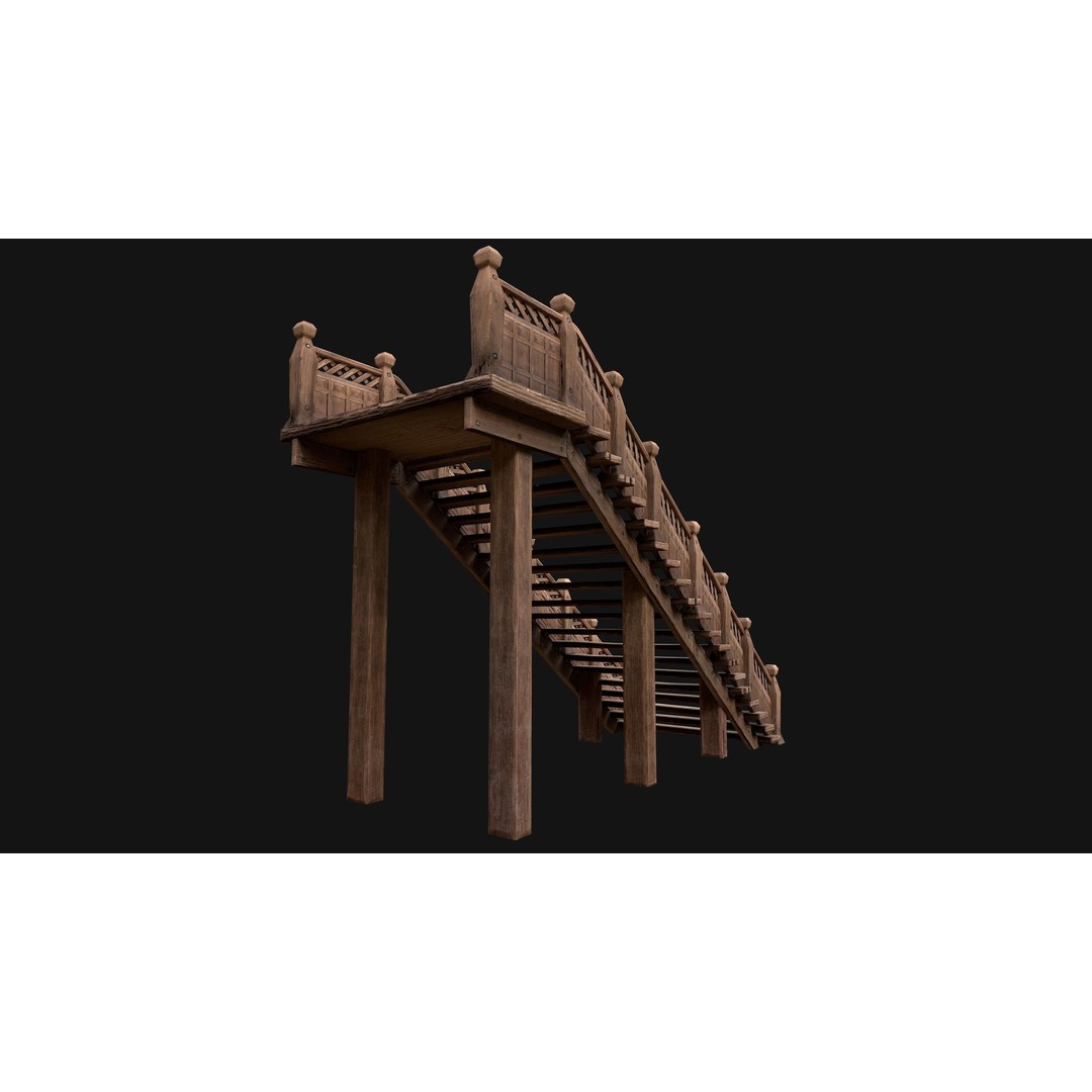 Medieval Wooden Staircase 3D Model – Low Poly Game Ready PBR Asset - View 10