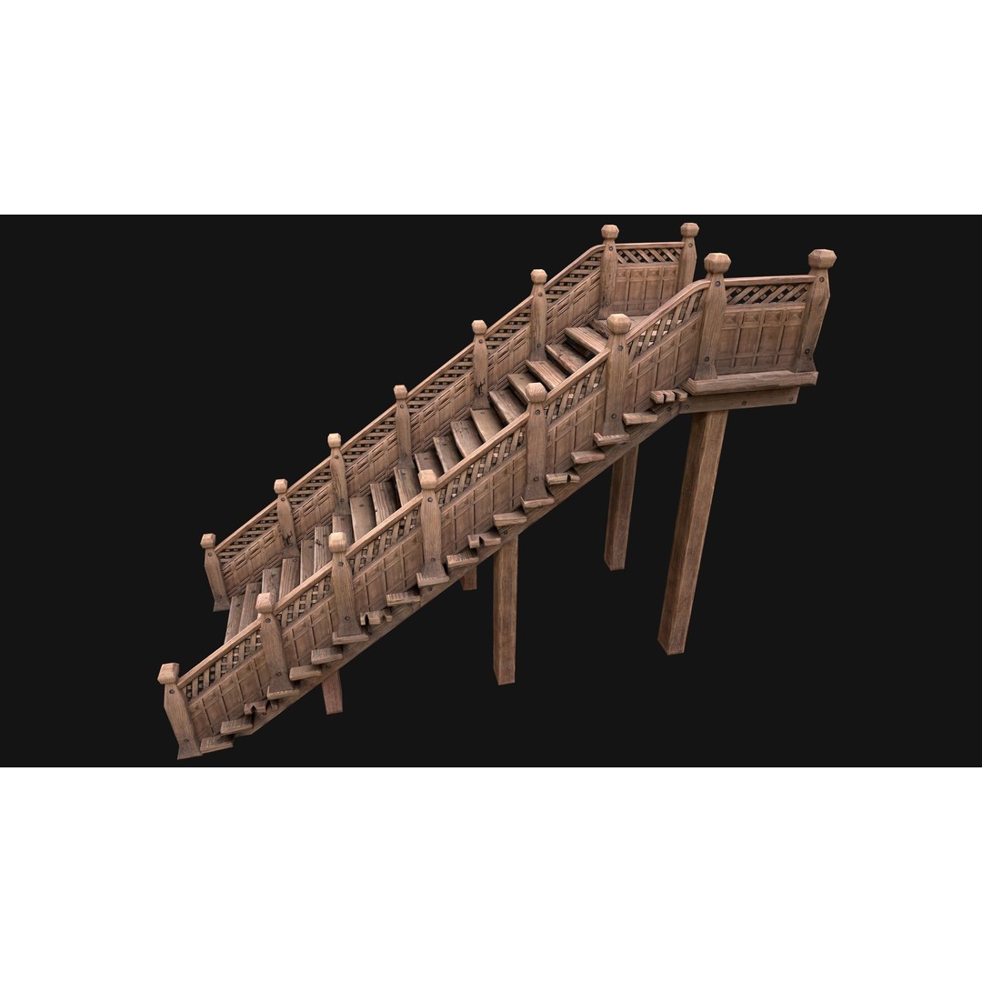 Medieval Wooden Staircase 3D Model – Low Poly Game Ready PBR Asset - View 14