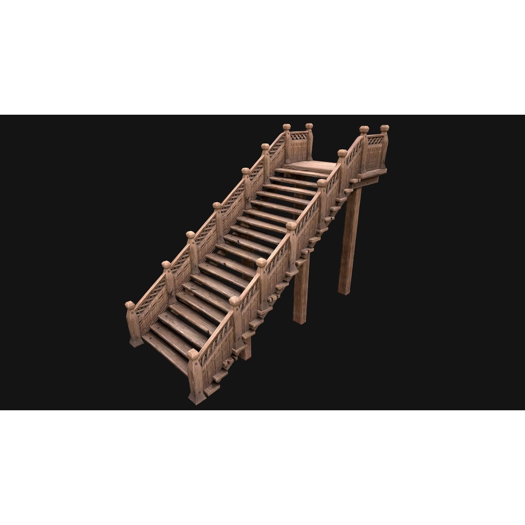 Medieval Wooden Staircase 3D Model – Low Poly Game Ready PBR Asset - View 15