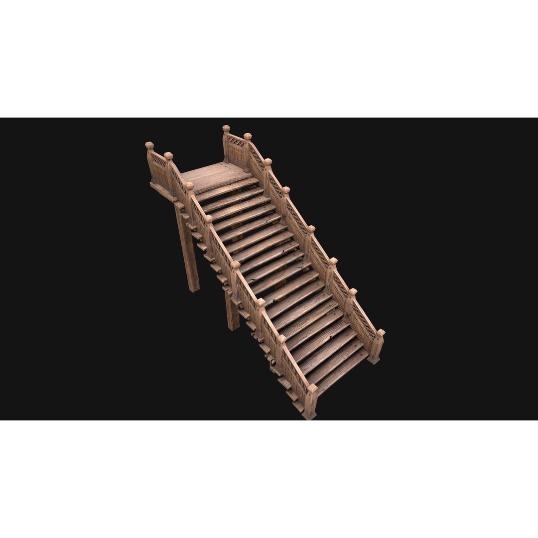 Medieval Wooden Staircase 3D Model – Low Poly Game Ready PBR Asset - View 17