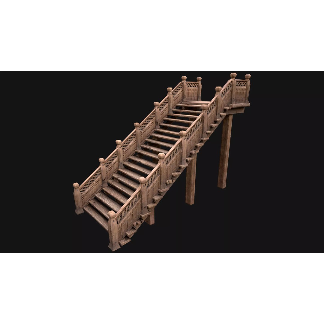 Medieval Wooden Staircase 3D Model – Low Poly Game Ready PBR Asset - View 2