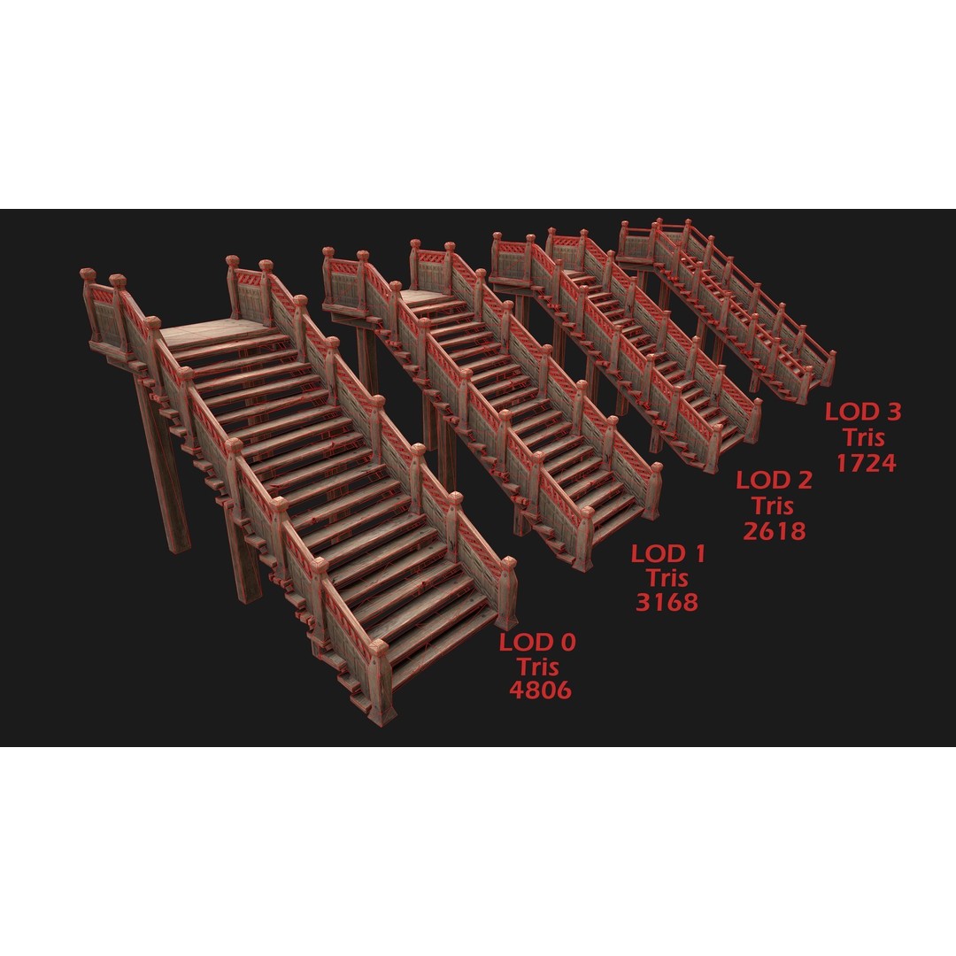 Medieval Wooden Staircase 3D Model – Low Poly Game Ready PBR Asset - View 3