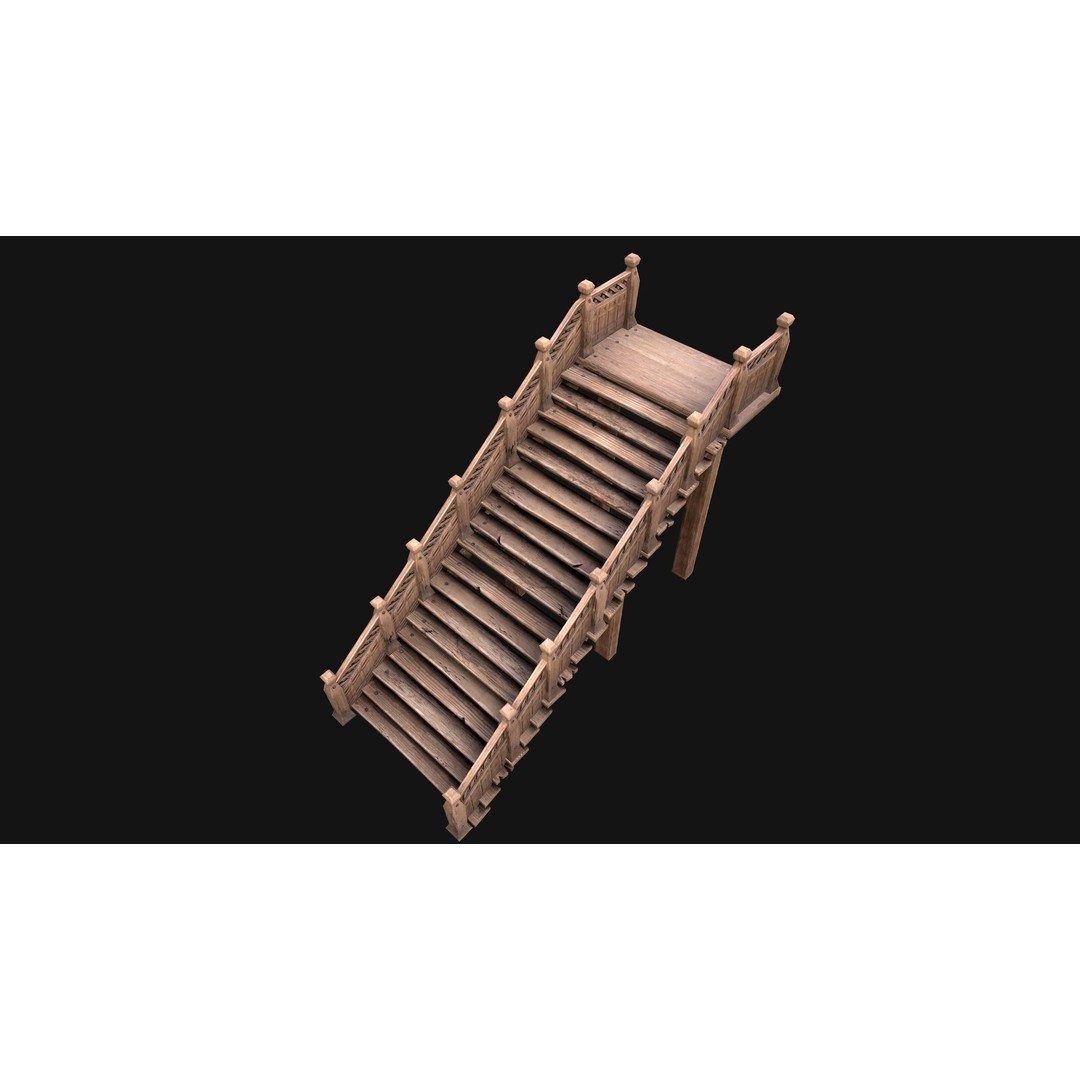 Medieval Wooden Staircase 3D Model – Low Poly Game Ready PBR Asset - View 4