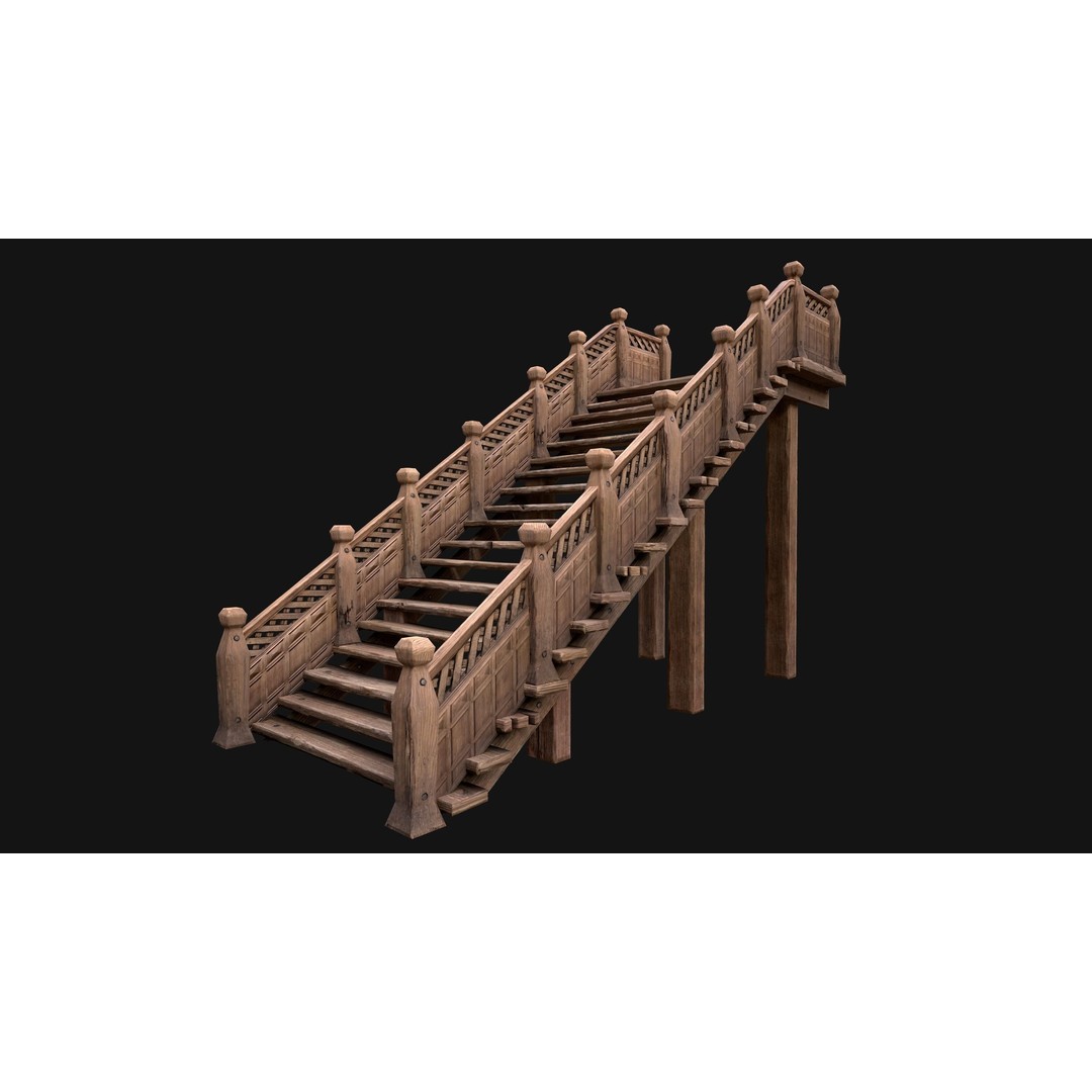 Medieval Wooden Staircase 3D Model – Low Poly Game Ready PBR Asset - View 5