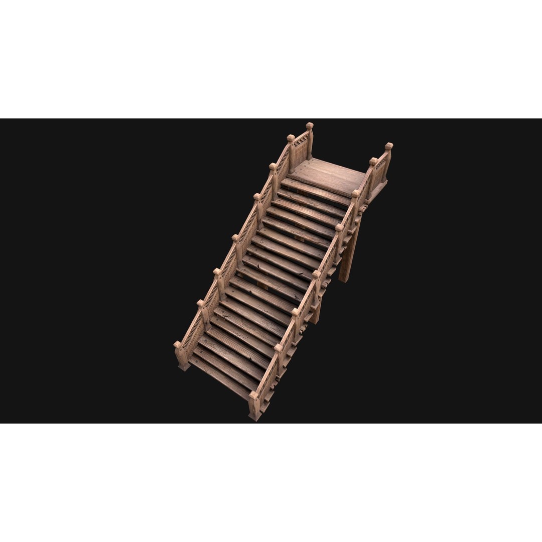 Medieval Wooden Staircase 3D Model – Low Poly Game Ready PBR Asset - View 6