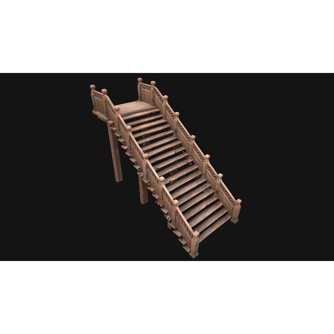 Medieval Wooden Staircase 3D Model – Low Poly Game Ready PBR Asset - View 7