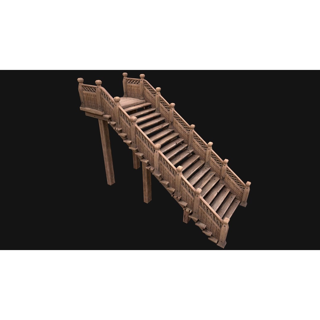 Medieval Wooden Staircase 3D Model – Low Poly Game Ready PBR Asset - View 8