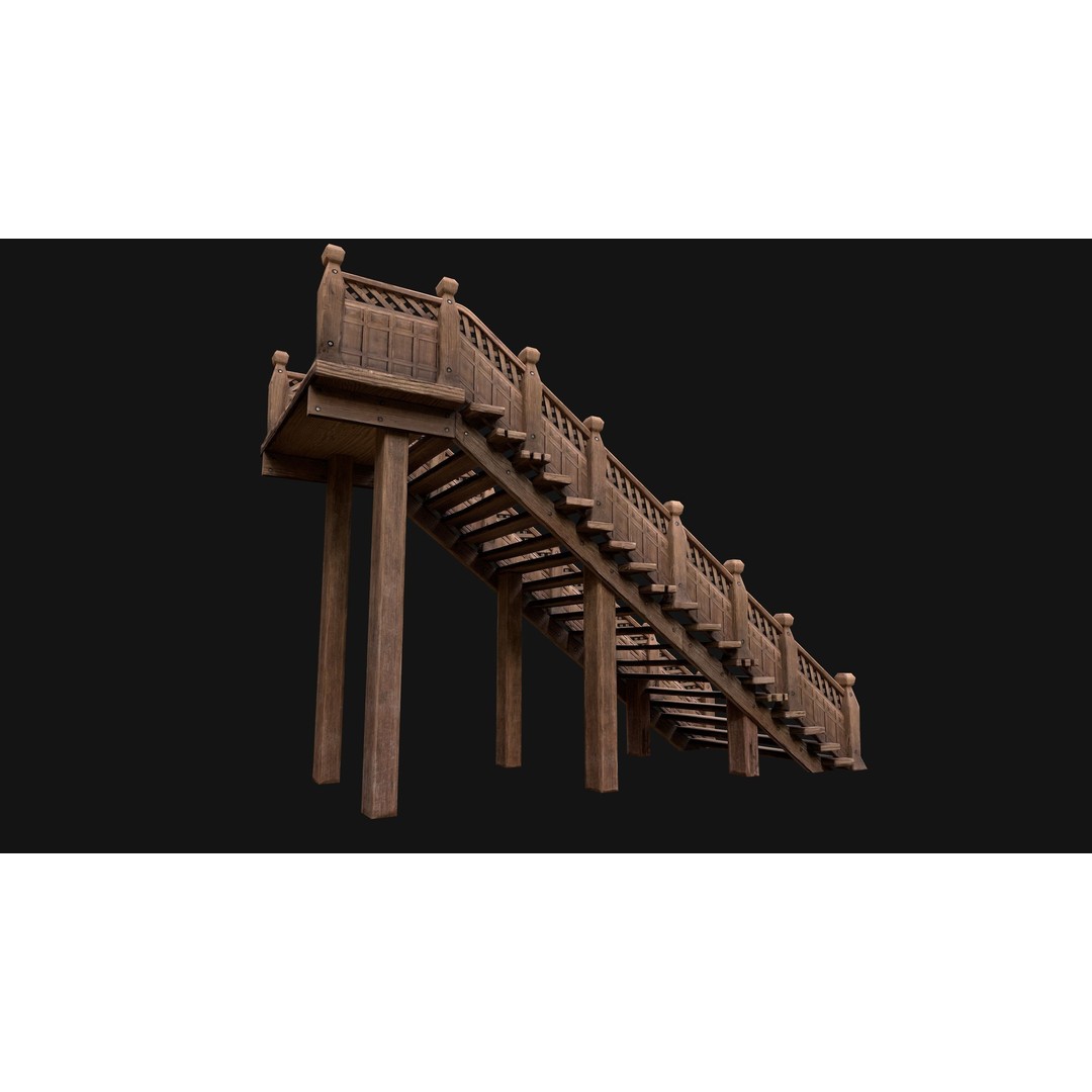 Medieval Wooden Staircase 3D Model – Low Poly Game Ready PBR Asset - View 9