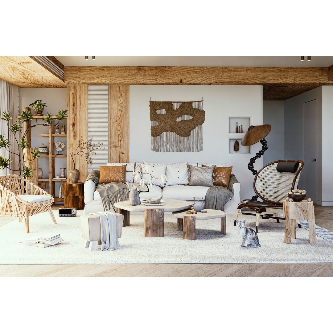 Living Room 3D Model – Low Poly Interior Scene, OBJ & FBX - View 3