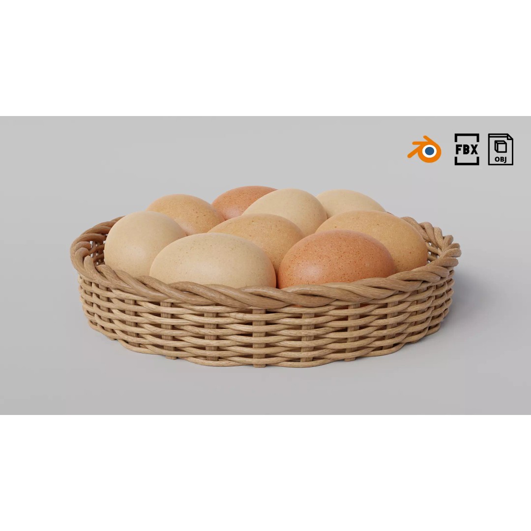 Wicker Basket with Eggs 3D Model – PBR Textured, FBX, OBJ - View 2
