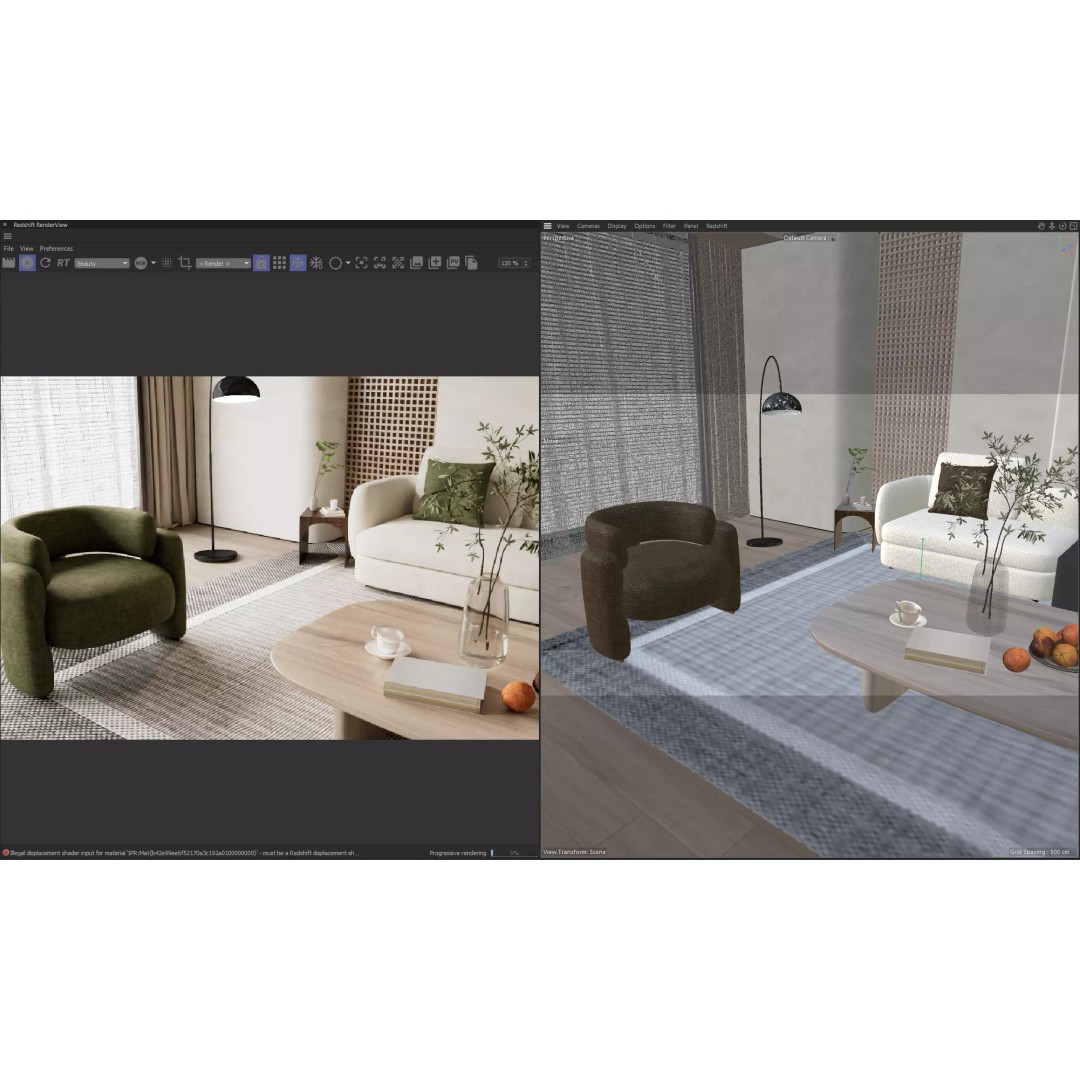 Japandi Style Living Room 3D Model – Luxury Interior Scene, C4D - View 4
