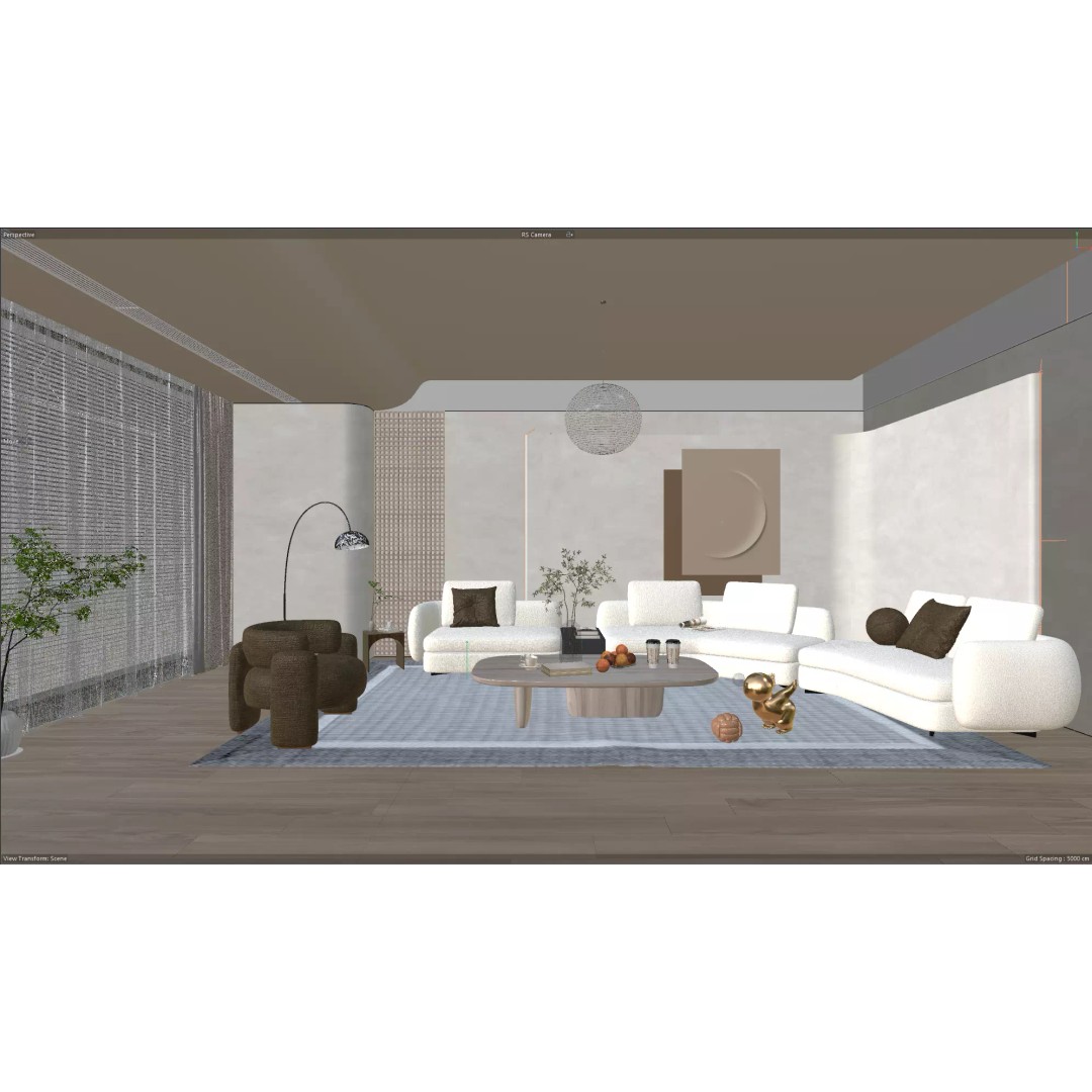 Japandi Style Living Room 3D Model – Luxury Interior Scene, C4D - View 7