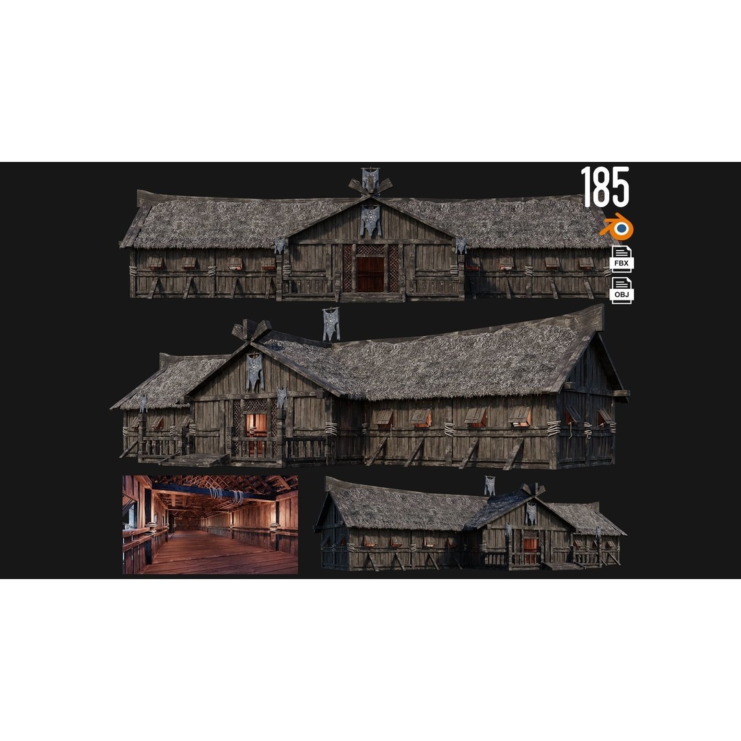 Old Viking Houses 3D Model – Low Poly Game Ready, FBX, OBJ, Blender - View 3