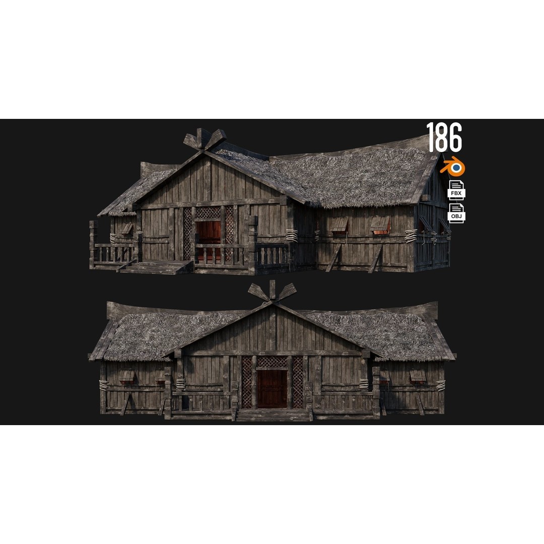 Old Viking Houses 3D Model – Low Poly Game Ready, FBX, OBJ, Blender - View 4