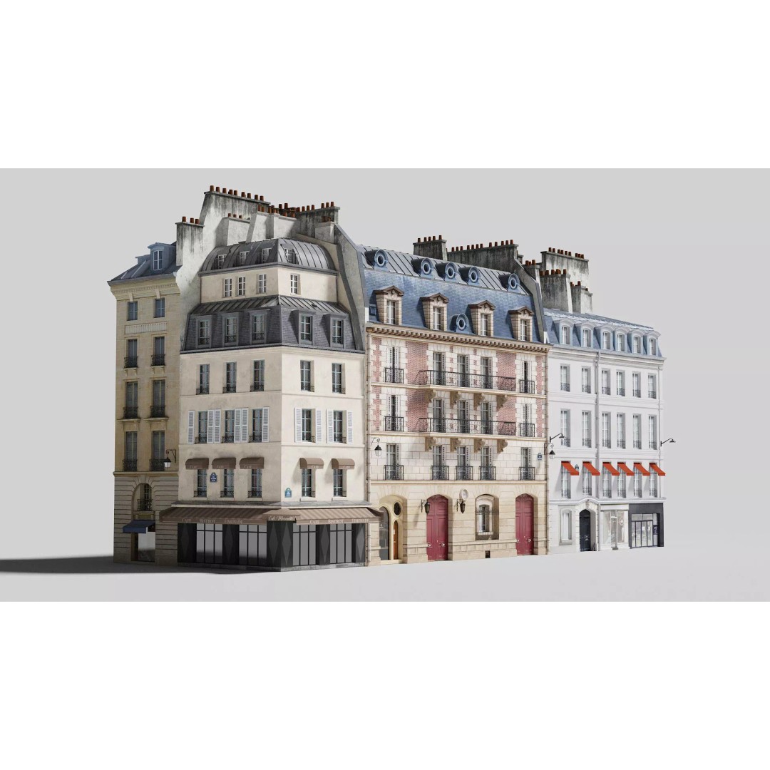 Paris Quarter 3D Model – Low Poly Building Set, PBR Textures - View 2