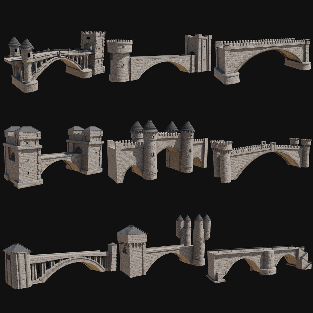Fantasy Castle Bridge 3D Model – Monumental Low-Poly Game Asset, FBX, OBJ