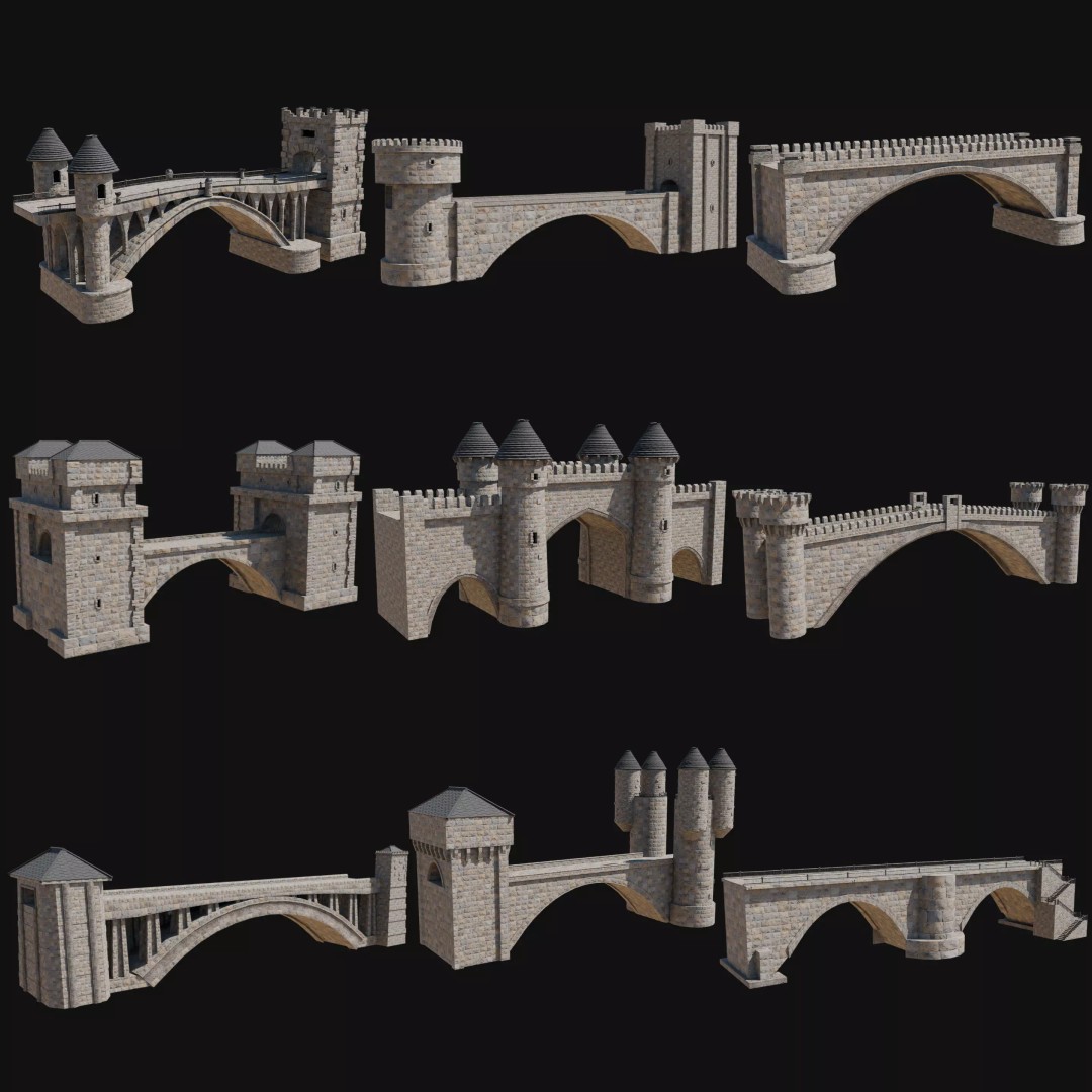 Fantasy Castle Bridge 3D Model – Monumental Low-Poly Game Asset, FBX, OBJ - View 2