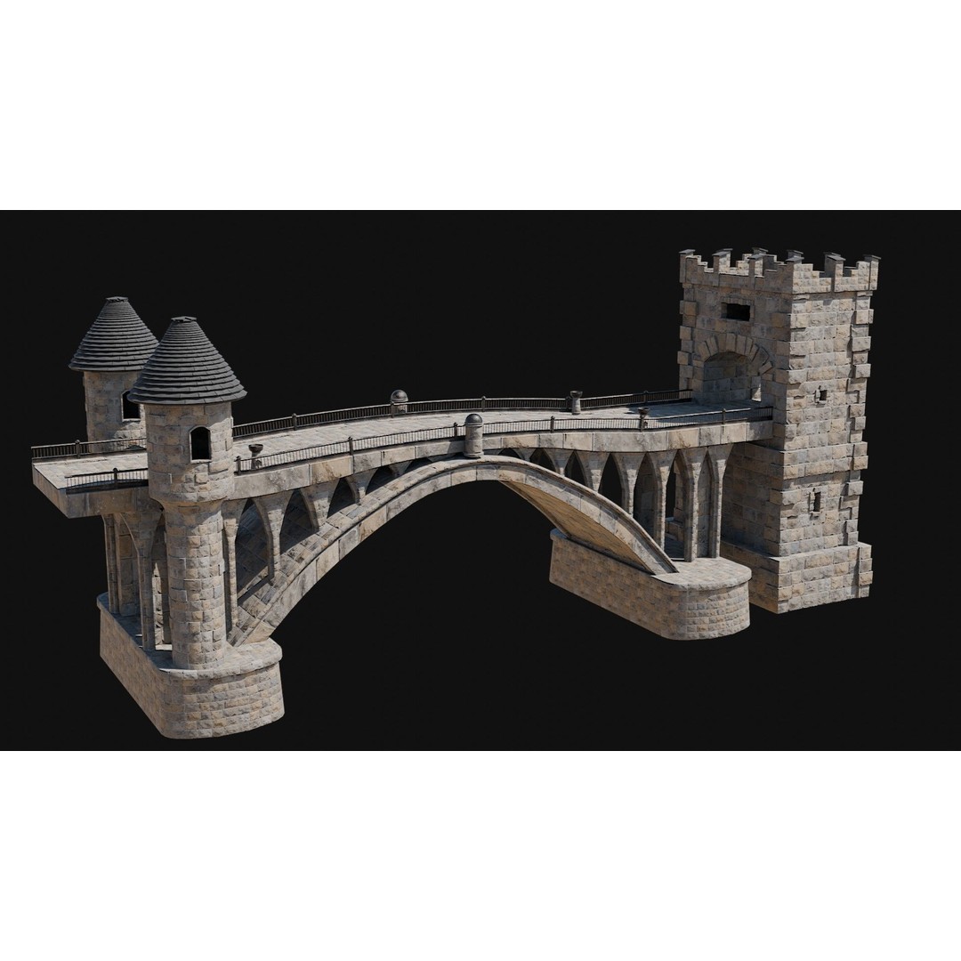 Fantasy Castle Bridge 3D Model – Monumental Low-Poly Game Asset, FBX, OBJ - View 3