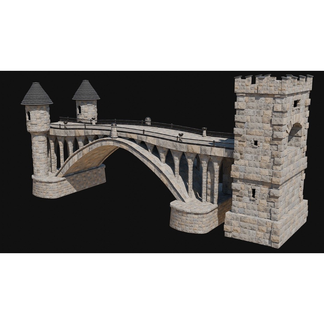 Fantasy Castle Bridge 3D Model – Monumental Low-Poly Game Asset, FBX, OBJ - View 4