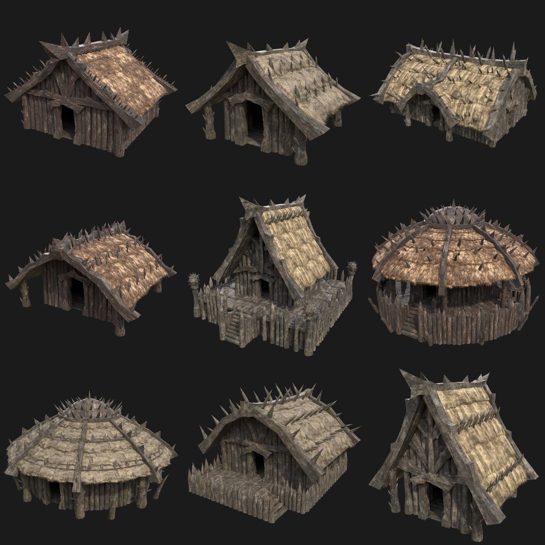 Orc Barbarian Hunter Camp Houses 3D Model – Low Poly Game Asset, FBX