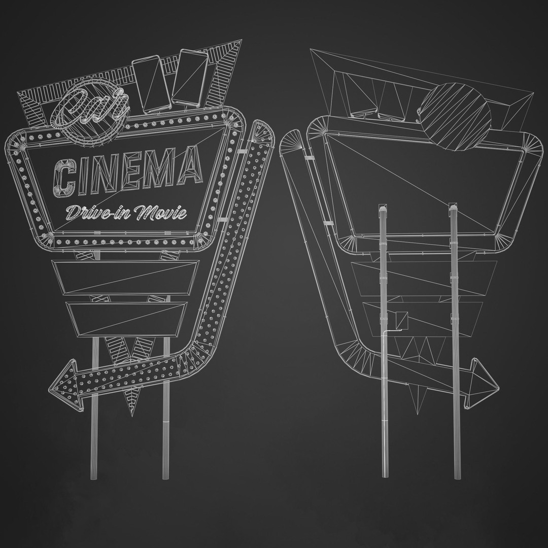 Car Cinema Billboard 3D Model – Retro Neon Sign, Low Poly PBR - View 11