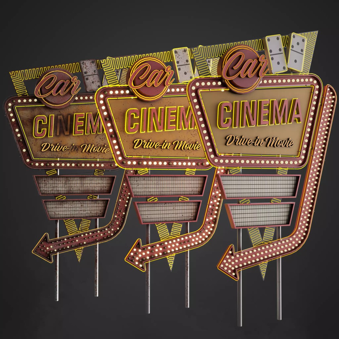 Car Cinema Billboard 3D Model – Retro Neon Sign, Low Poly PBR - View 2