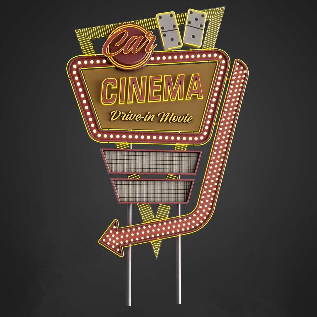 Car Cinema Billboard 3D Model – Retro Neon Sign, Low Poly PBR - View 4