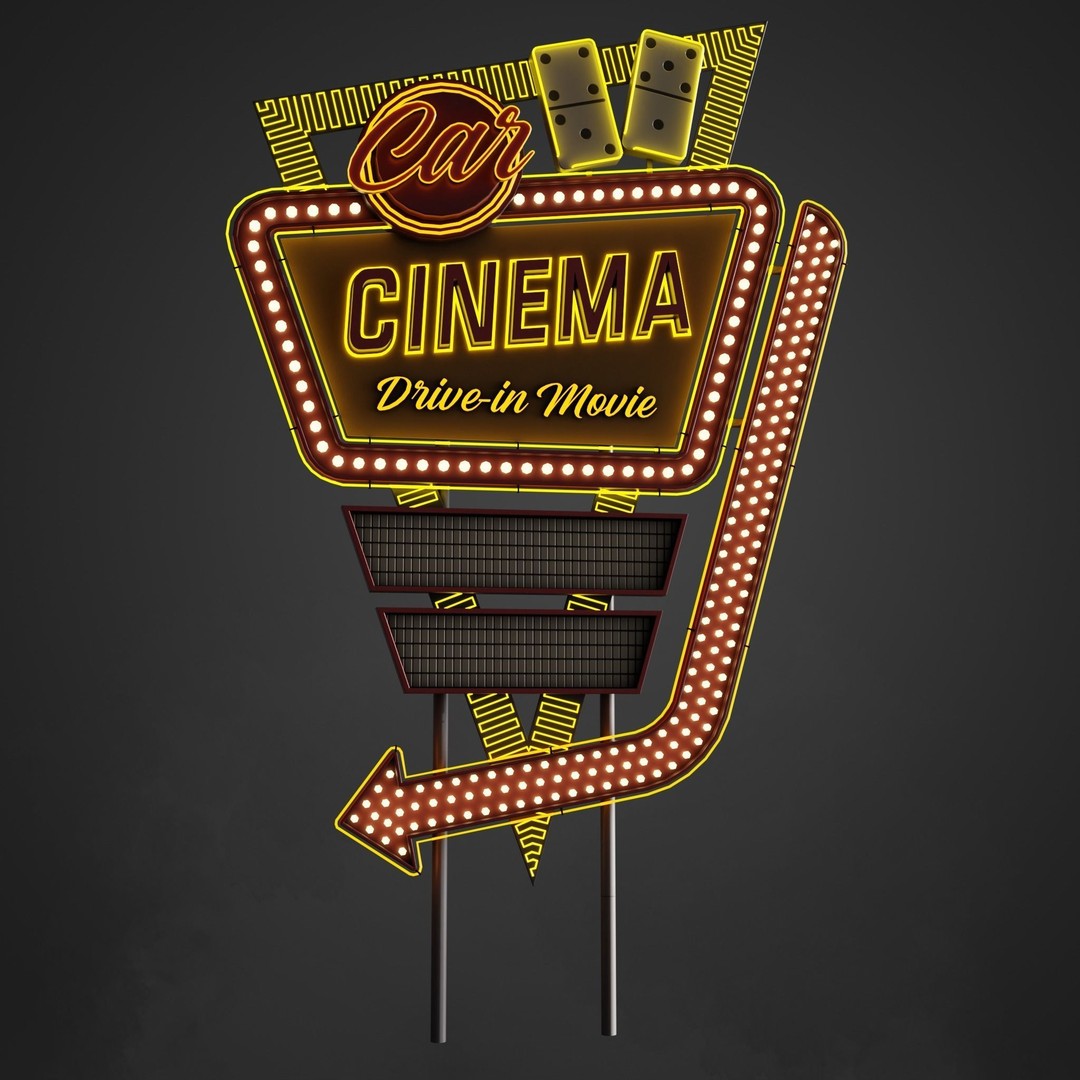 Car Cinema Billboard 3D Model – Retro Neon Sign, Low Poly PBR - View 5