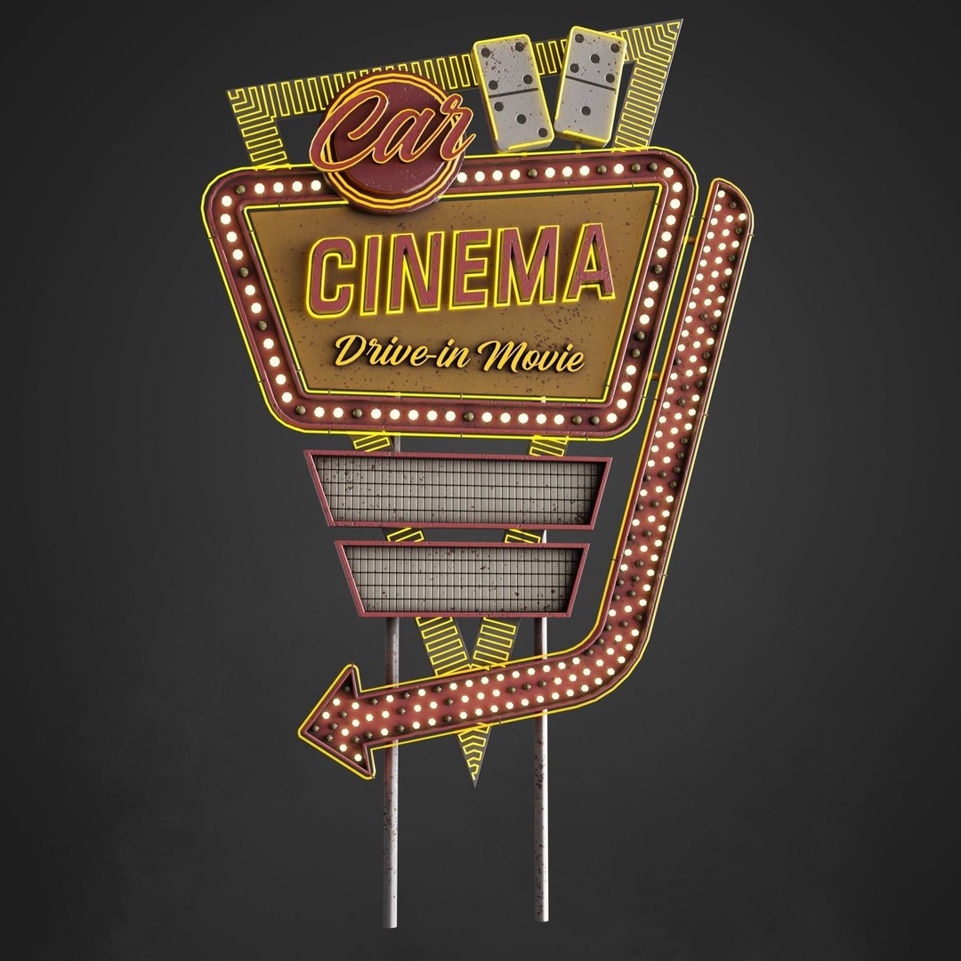 Car Cinema Billboard 3D Model – Retro Neon Sign, Low Poly PBR - View 7