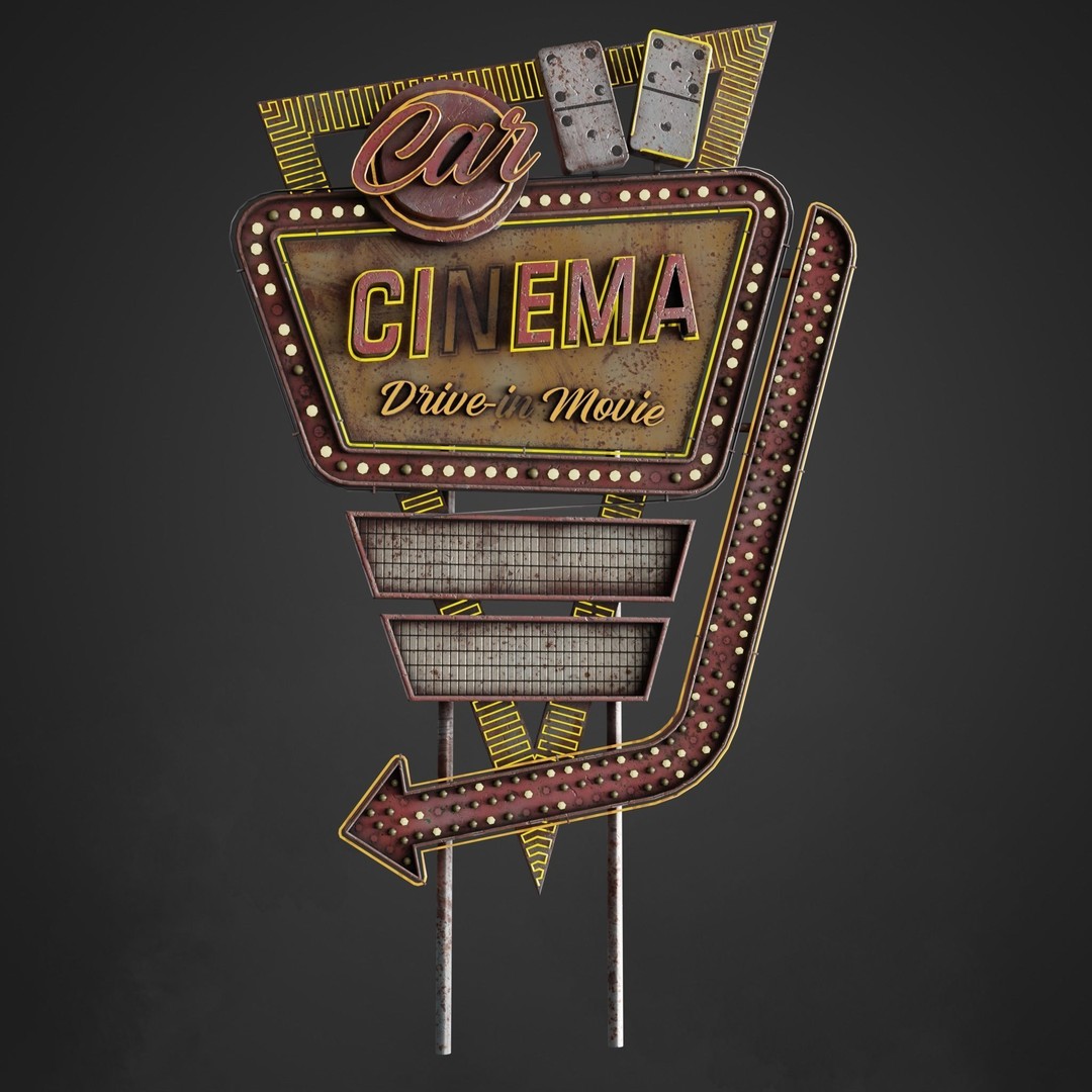 Car Cinema Billboard 3D Model – Retro Neon Sign, Low Poly PBR - View 9