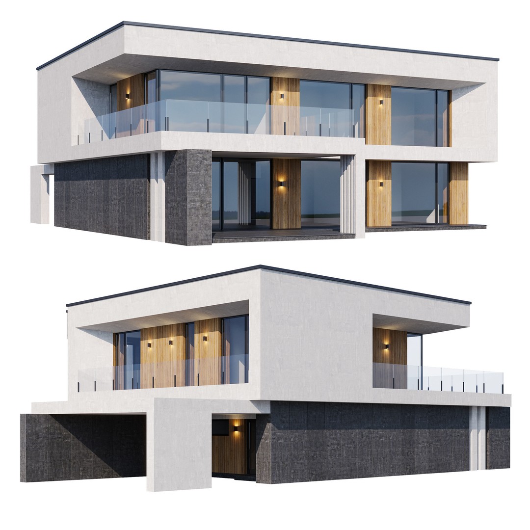Modern House 3D Model – Contemporary Mansion with PBR Textures, FBX - View 3