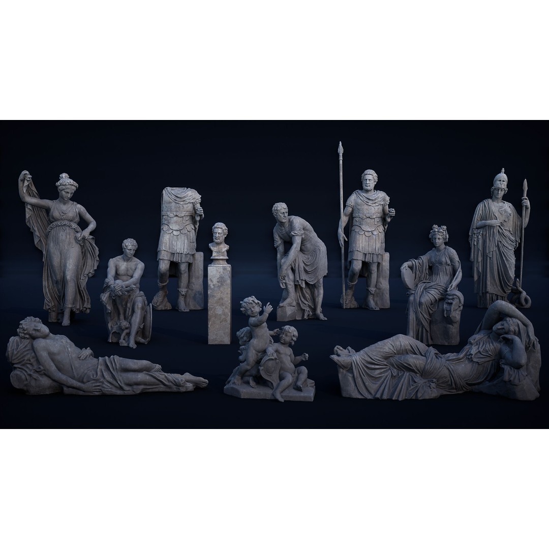 Roman Statues Pack 3D Model – Low Poly Historical Sculptures, FBX, OBJ
