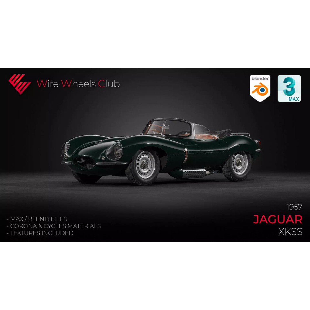 1957 Jaguar XKSS 3D Model – High Poly Antique Car, FBX & Blender - View 2