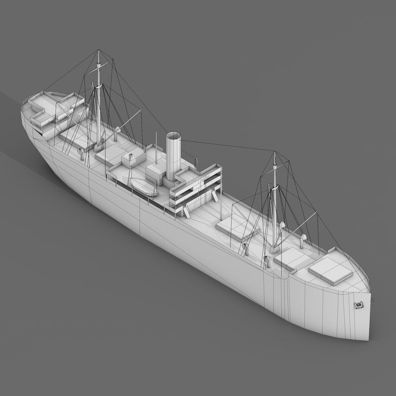 Old Retro Motor Ship 3D Model – Low Poly Historic Cargo Vessel, FBX