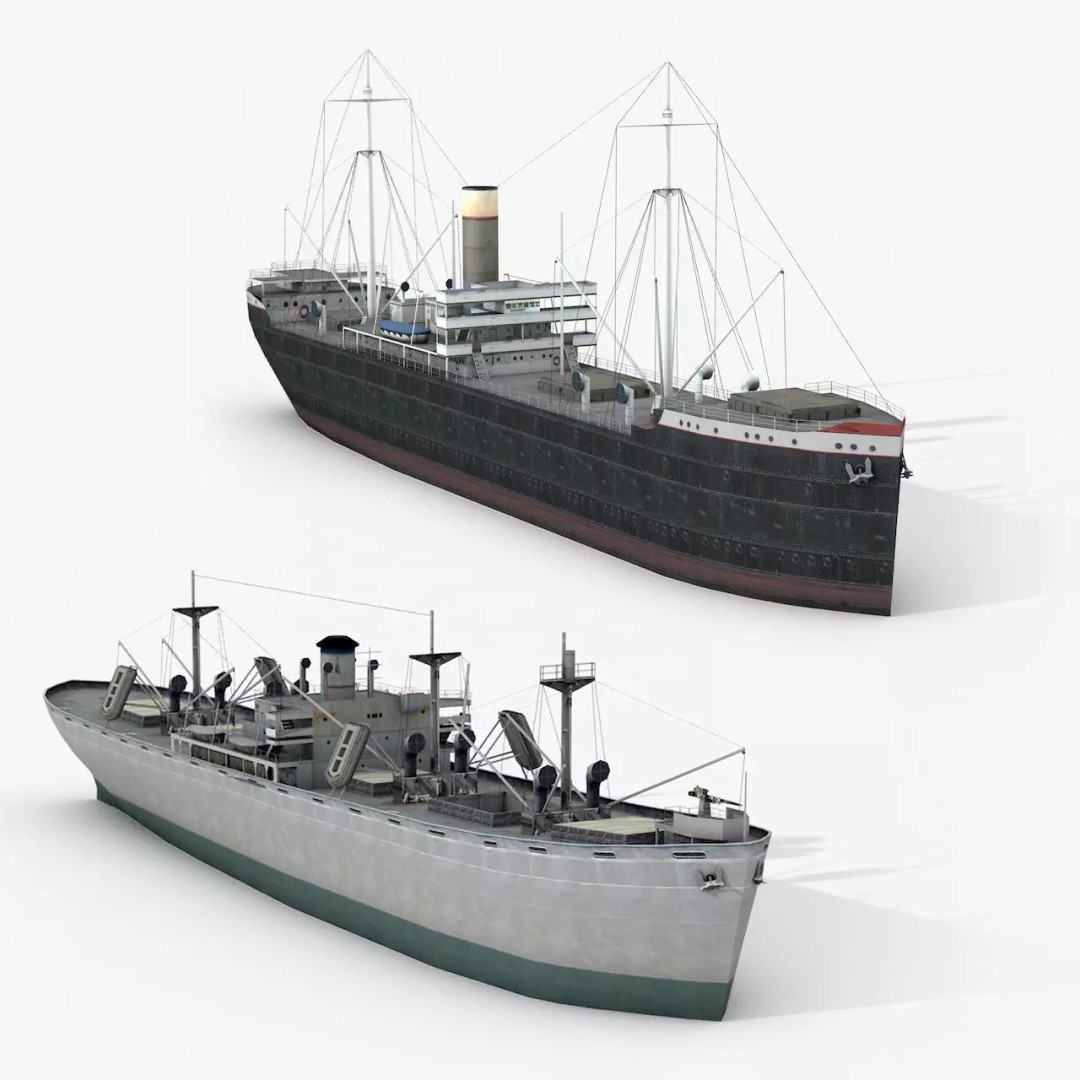 Old Retro Motor Ship 3D Model – Low Poly Historic Cargo Vessel, FBX - View 2