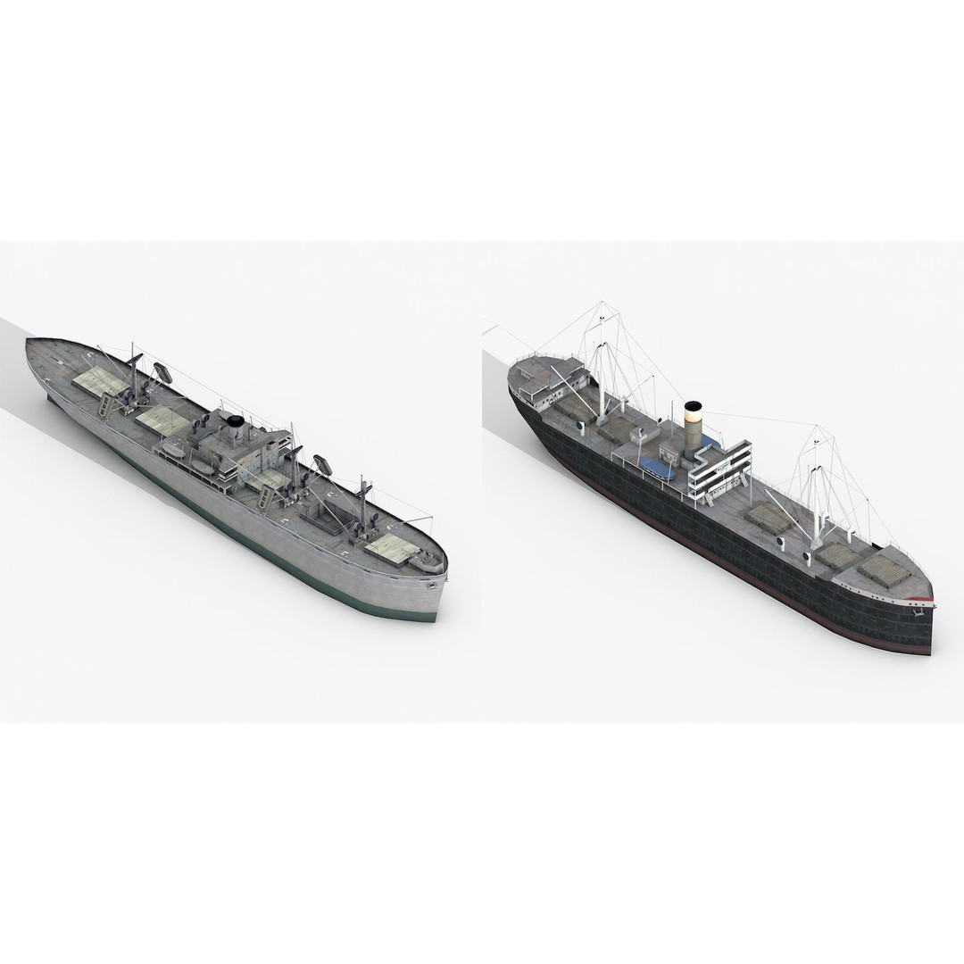 Old Retro Motor Ship 3D Model – Low Poly Historic Cargo Vessel, FBX - View 3