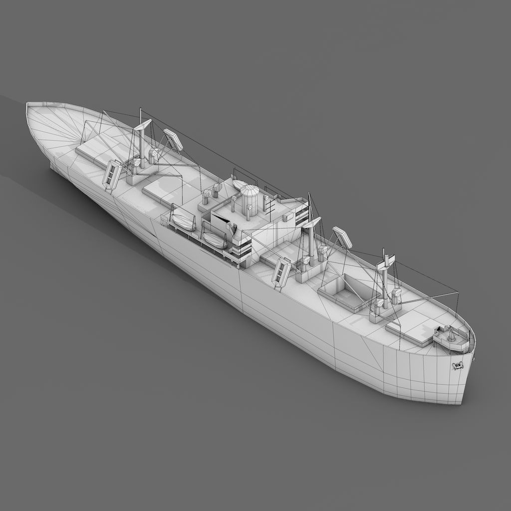 Old Retro Motor Ship 3D Model – Low Poly Historic Cargo Vessel, FBX - View 5
