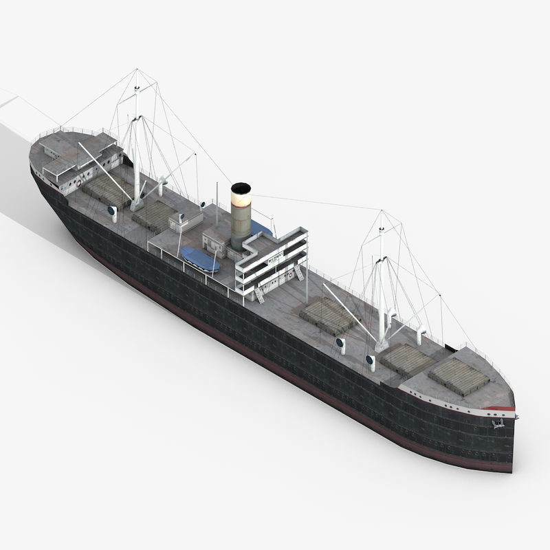 Old Retro Motor Ship 3D Model – Low Poly Historic Cargo Vessel, FBX - View 6