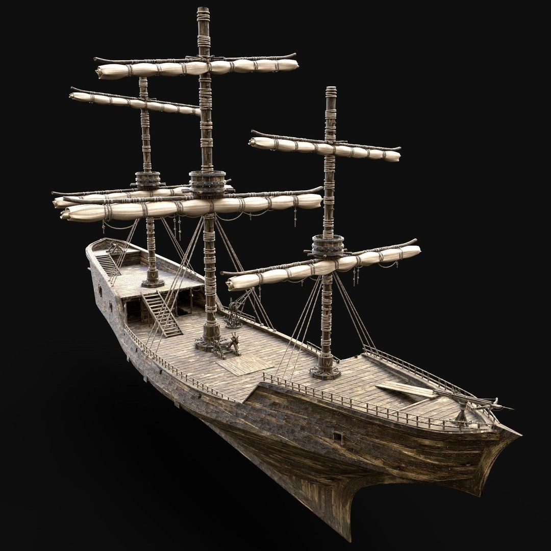 Galleon Ship 3D Model – Low Poly Game Asset, FBX, OBJ, PBR - View 9