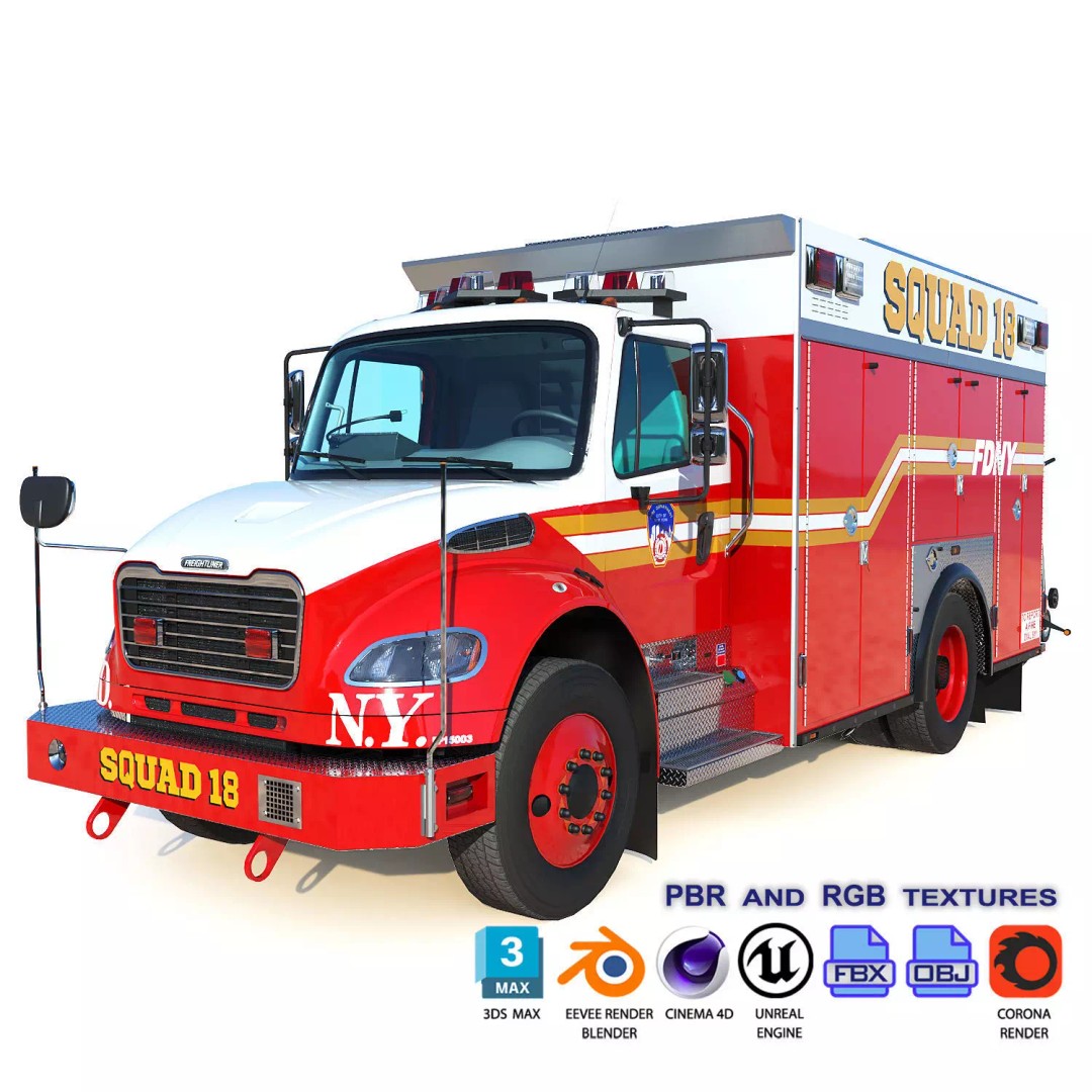 FDNY Fire Truck 3D Model – Low Poly Game Asset, FBX, PBR Textures - View 2