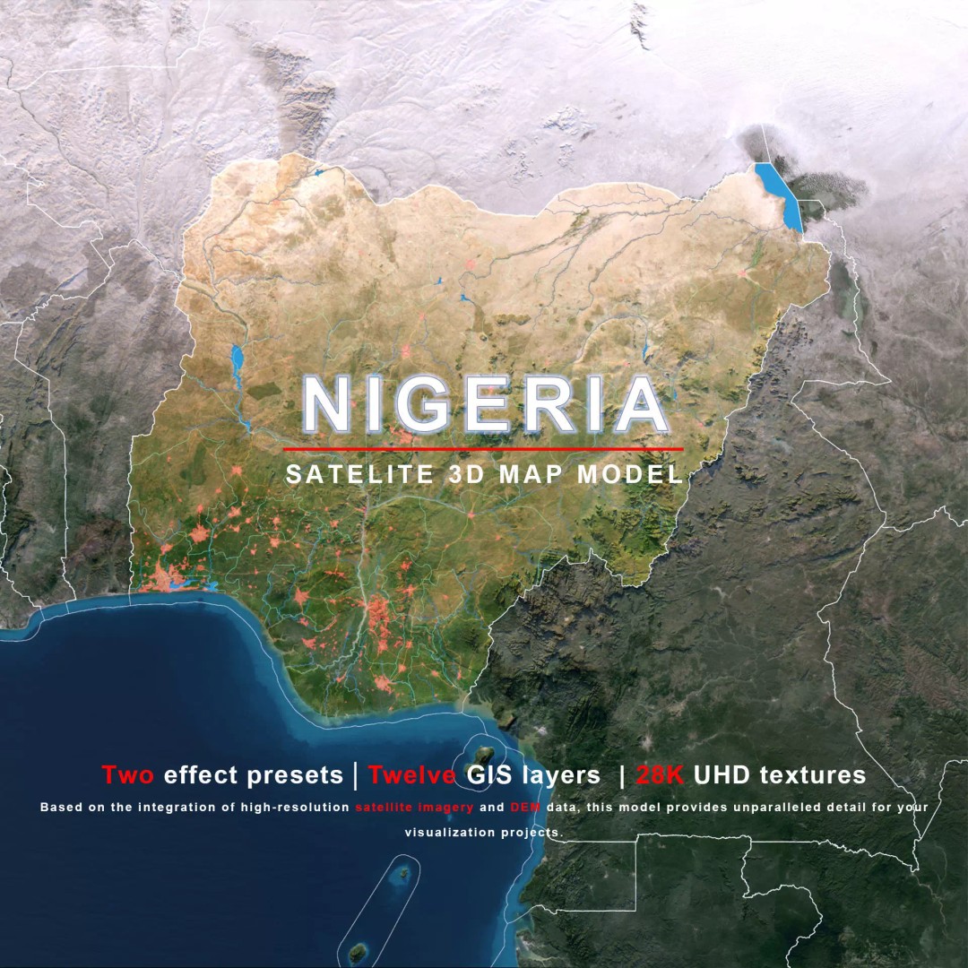 Nigeria Map 3D Model – Realistic Satellite Terrain, FBX/OBJ - View 2