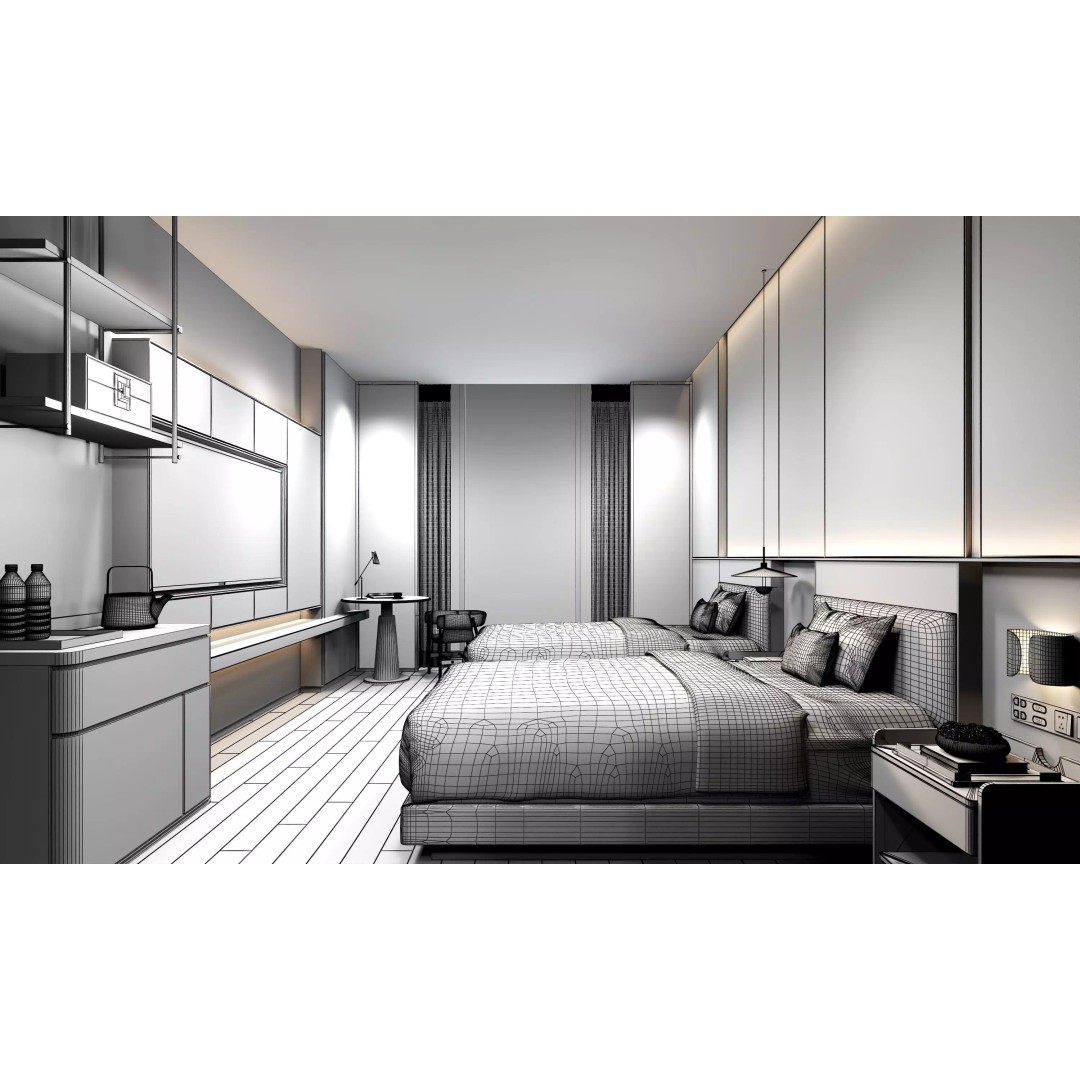 Hotel Bedroom 3D Model – Low Poly Interior with Textures, FBX, OBJ - View 12