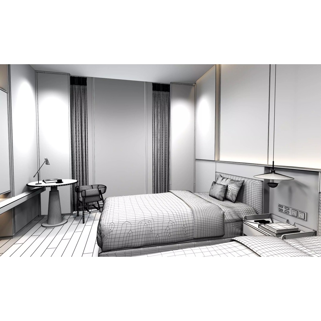 Hotel Bedroom 3D Model – Low Poly Interior with Textures, FBX, OBJ - View 19
