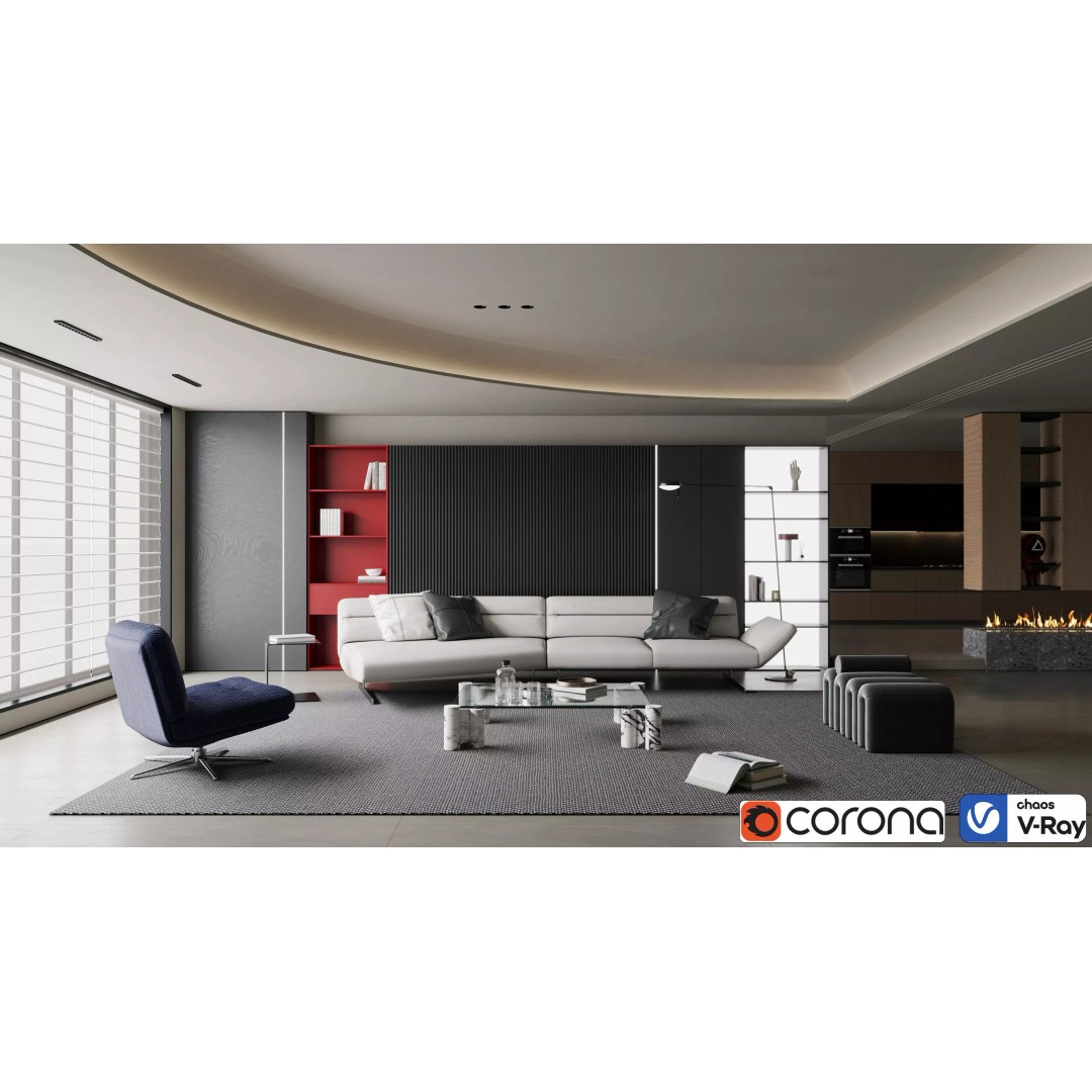 Modern Luxury Living Space 3D Model – Open Kitchen, FBX, Archviz - View 2