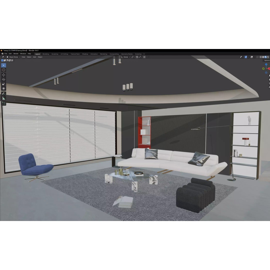 Modern Luxury Living Space 3D Model – Open Kitchen, FBX, Archviz - View 4