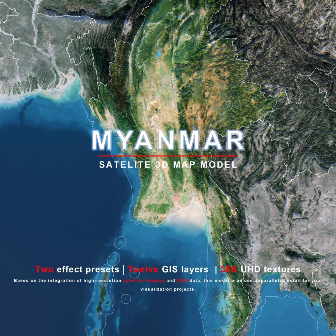 Myanmar Map 3D Model – Realistic Satellite Terrain, FBX & OBJ Formats - View 2