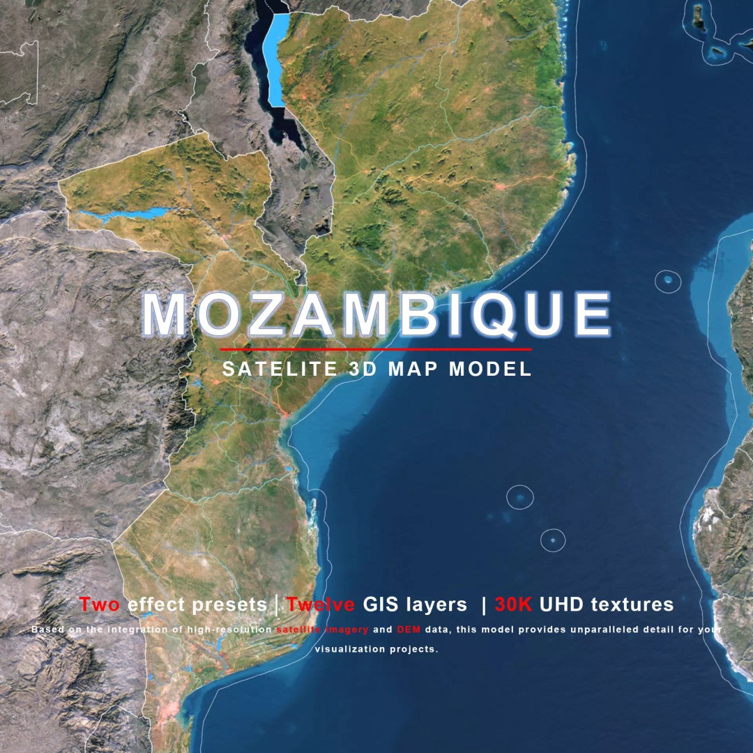 Mozambique Map 3D Model – Realistic Satellite Terrain, FBX, OBJ - View 2