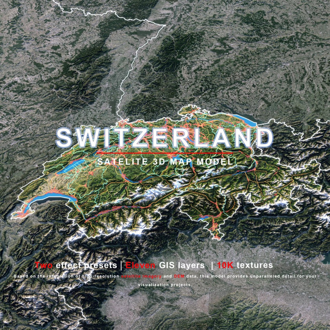 Switzerland Map 3D Model – Realistic Satellite Terrain, FBX, OBJ - View 2