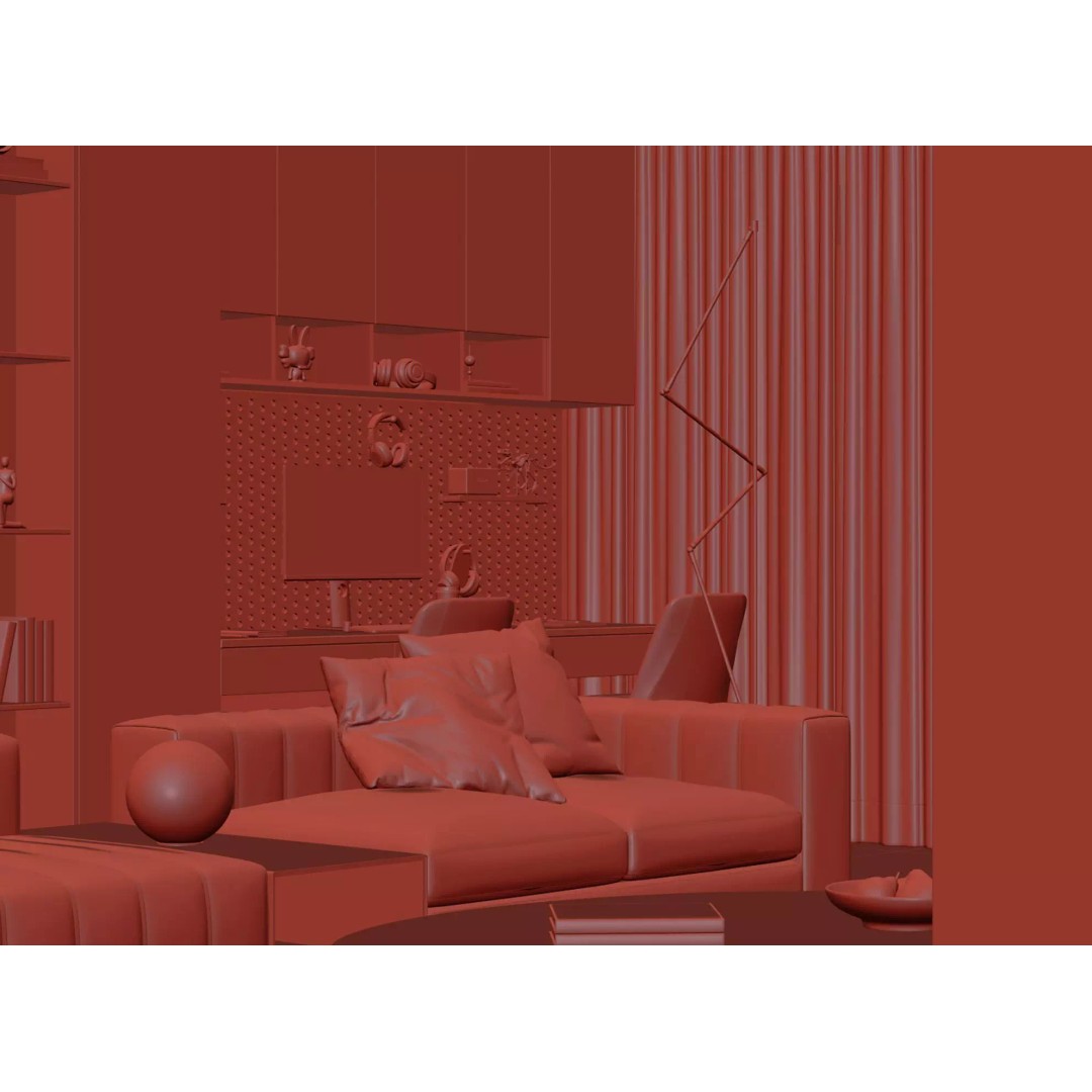 Luxury Living Space 3D Model – Modern Interior with Home Office, FBX - View 29