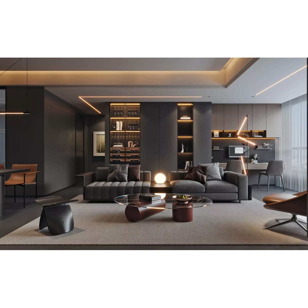 Luxury Living Space 3D Model – Modern Interior with Home Office, FBX - View 3